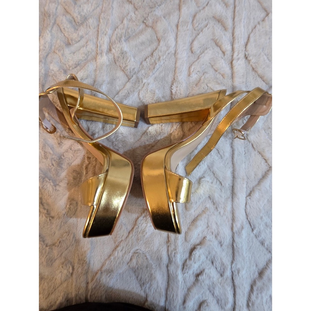Merumote Gold Metallic Platform  Chunky Block Heels Ankle Strap 5 Inch Heel 7.5